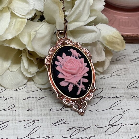 Gothic Steampunk Halloween Rose Gold Necklace Black Pink Rose Cameo Jewelry - Picture 7 of 11